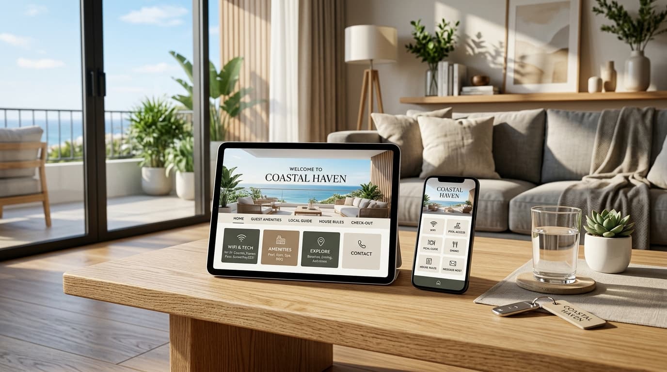 Tablet e smartphone che mostrano una guida digitale per ospiti su un tavolino moderno