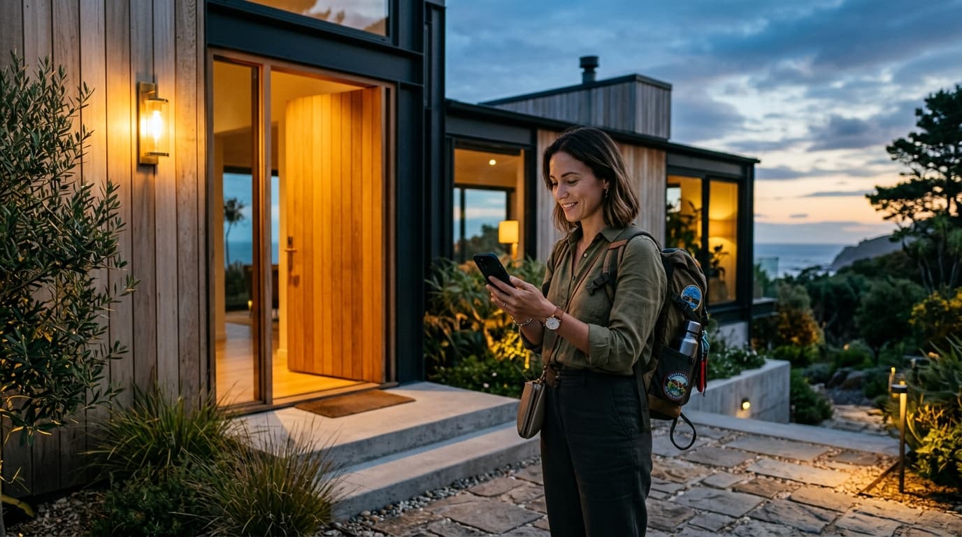 Viaggiatrice davanti all'ingresso di una casa vacanze che consulta una guida digitale offline