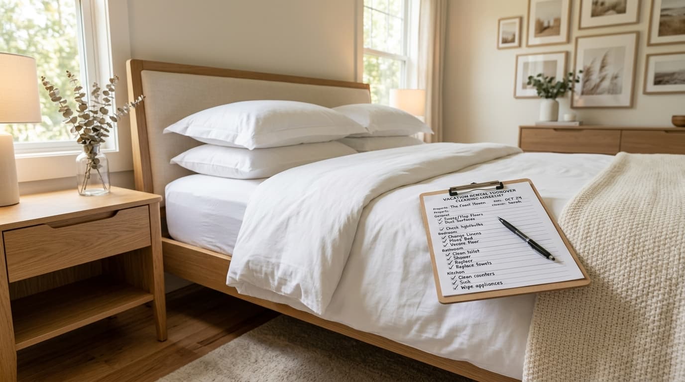 Portapapeles con lista de control de limpieza apoyado en una cama de hotel impecable