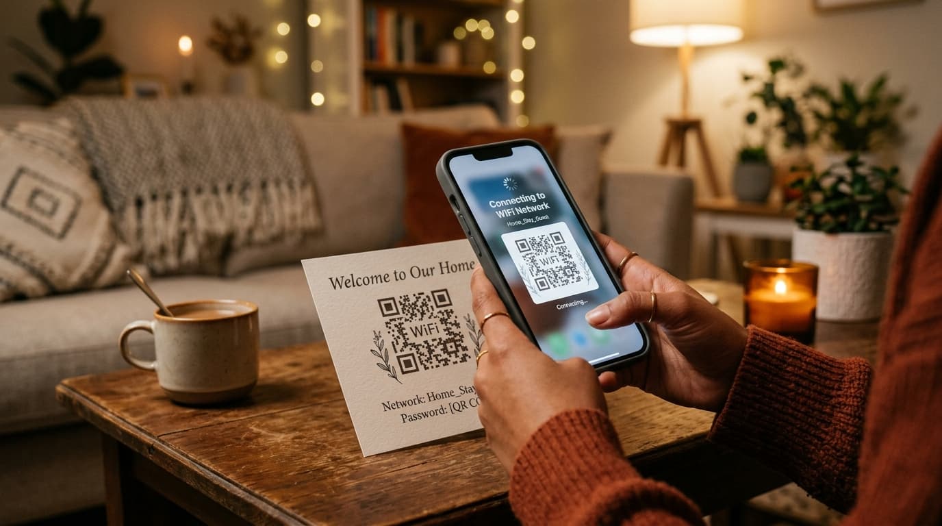Manos sosteniendo un smartphone escaneando un código QR WiFi sobre una mesa