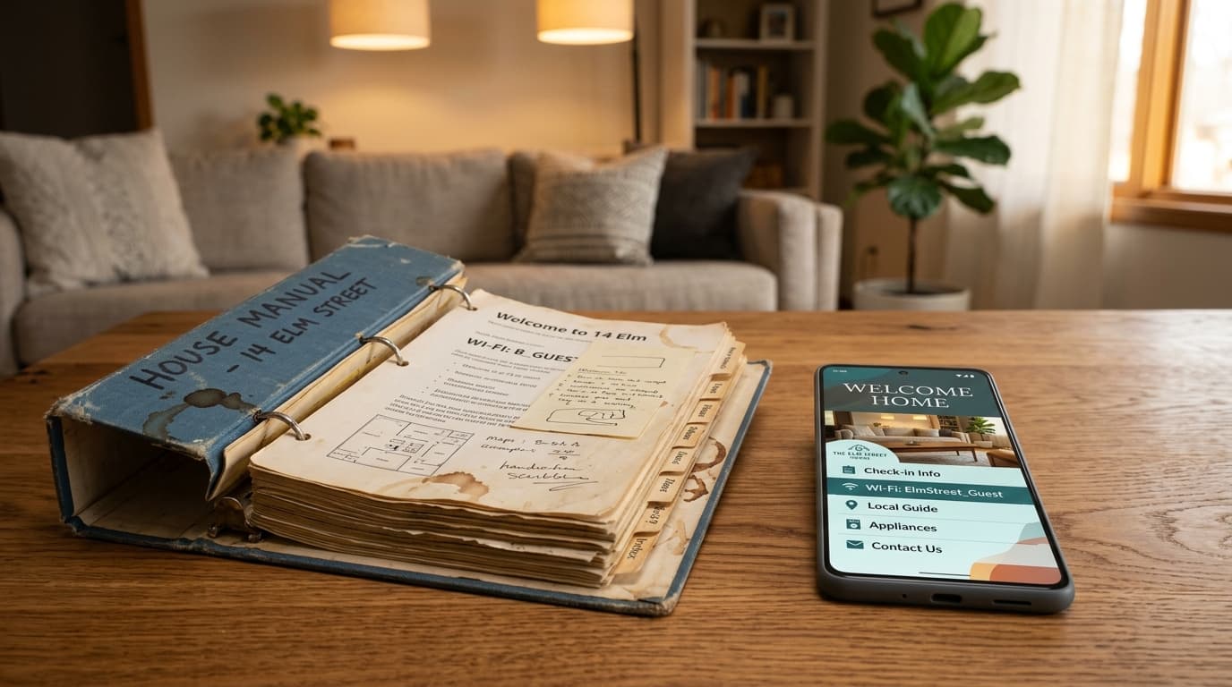 Comparativa entre un archivador en papel desgastado y un smartphone mostrando una guía digital