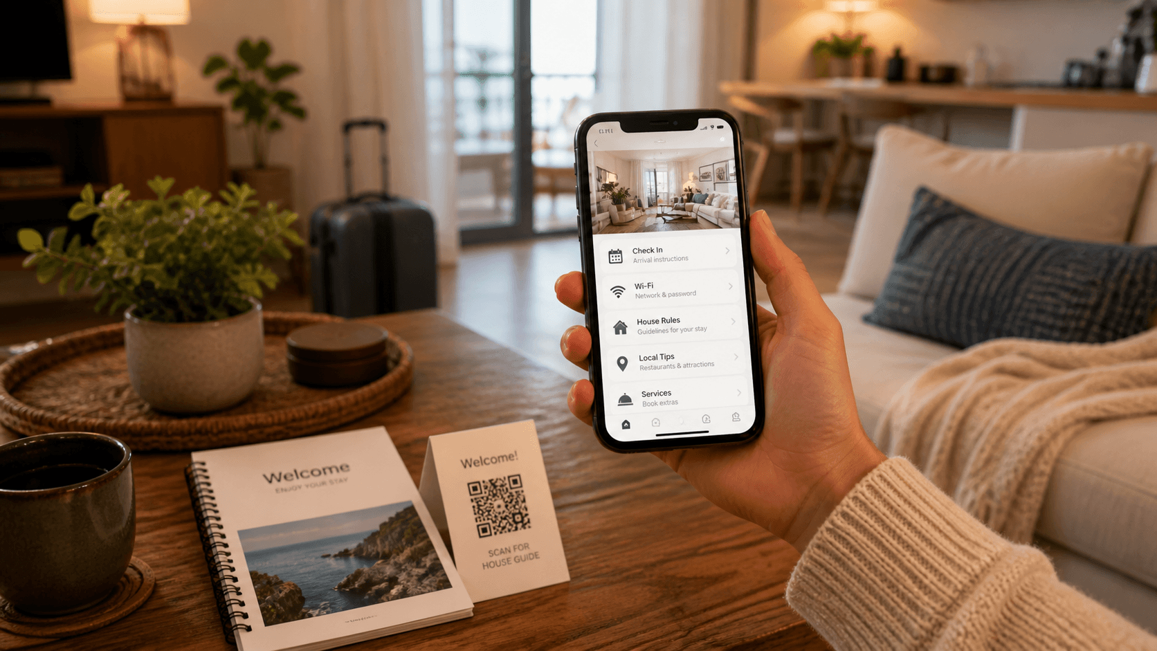 Traveler using a phone to access guest information and extras inside a short-term rental