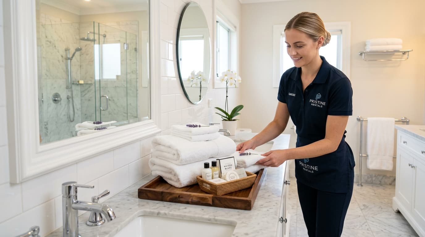 Profesional de limpieza colocando toallas dobladas y productos de cortesía en un baño moderno