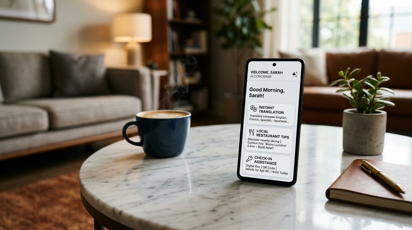 Smartphone mostrando la interfaz del asistente de IA Kodia sobre una mesa de mármol