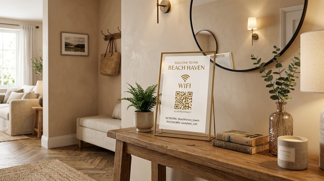 Cornice moderna con codice QR WiFi posizionata sul tavolo all'ingresso di una casa vacanze