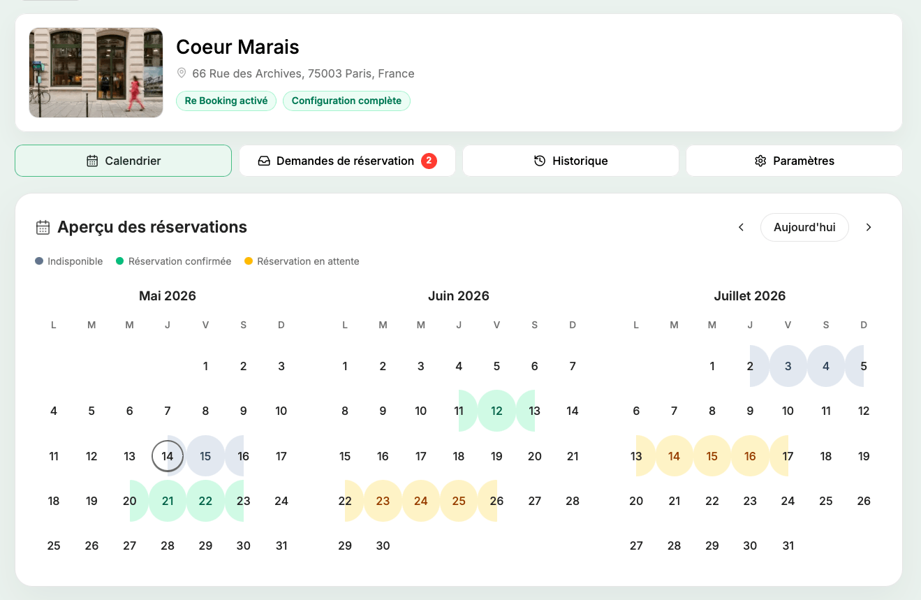 Vista del panel de configuración de rebooking